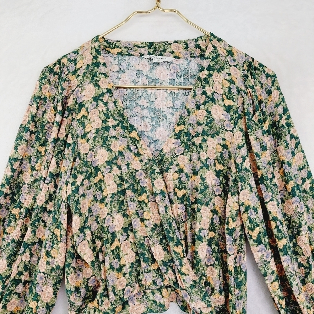 American Eagle Green Floral Faux Wrap Crop Top Long Sleeve V Neck Blouse P1906 - Picture 3 of 8
